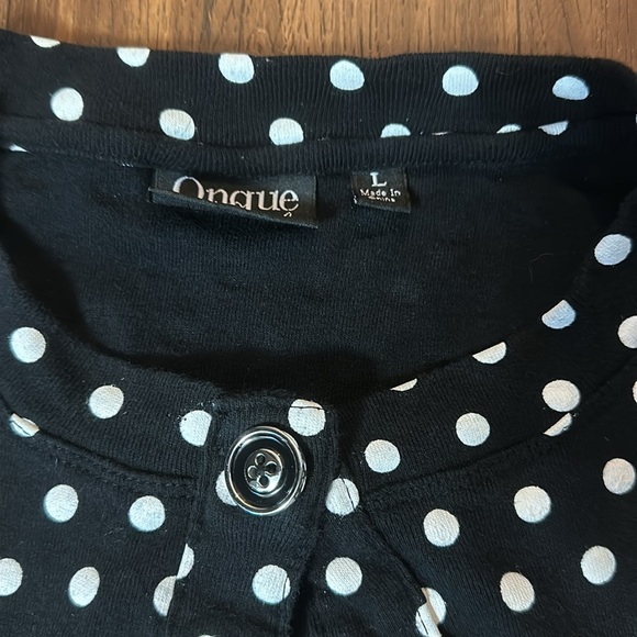 Black white polka dot sweater shirt jacket large onque casual 3/4 sleeves button - Picture 3 of 4